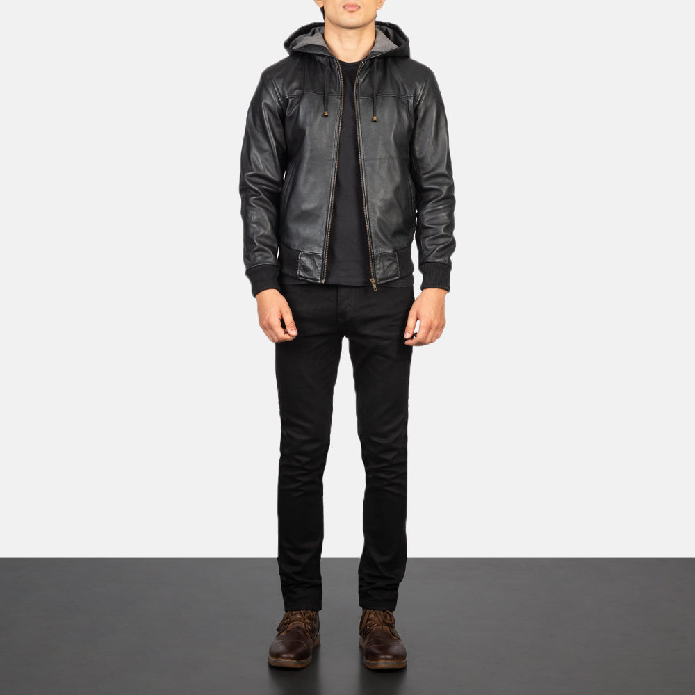 Black Hooded Real Leather Bomber Jacket