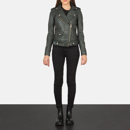 Green Real Leather Biker Jacket