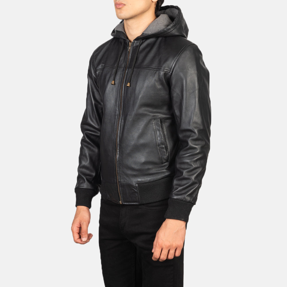 Black Hooded Real Leather Bomber Jacket