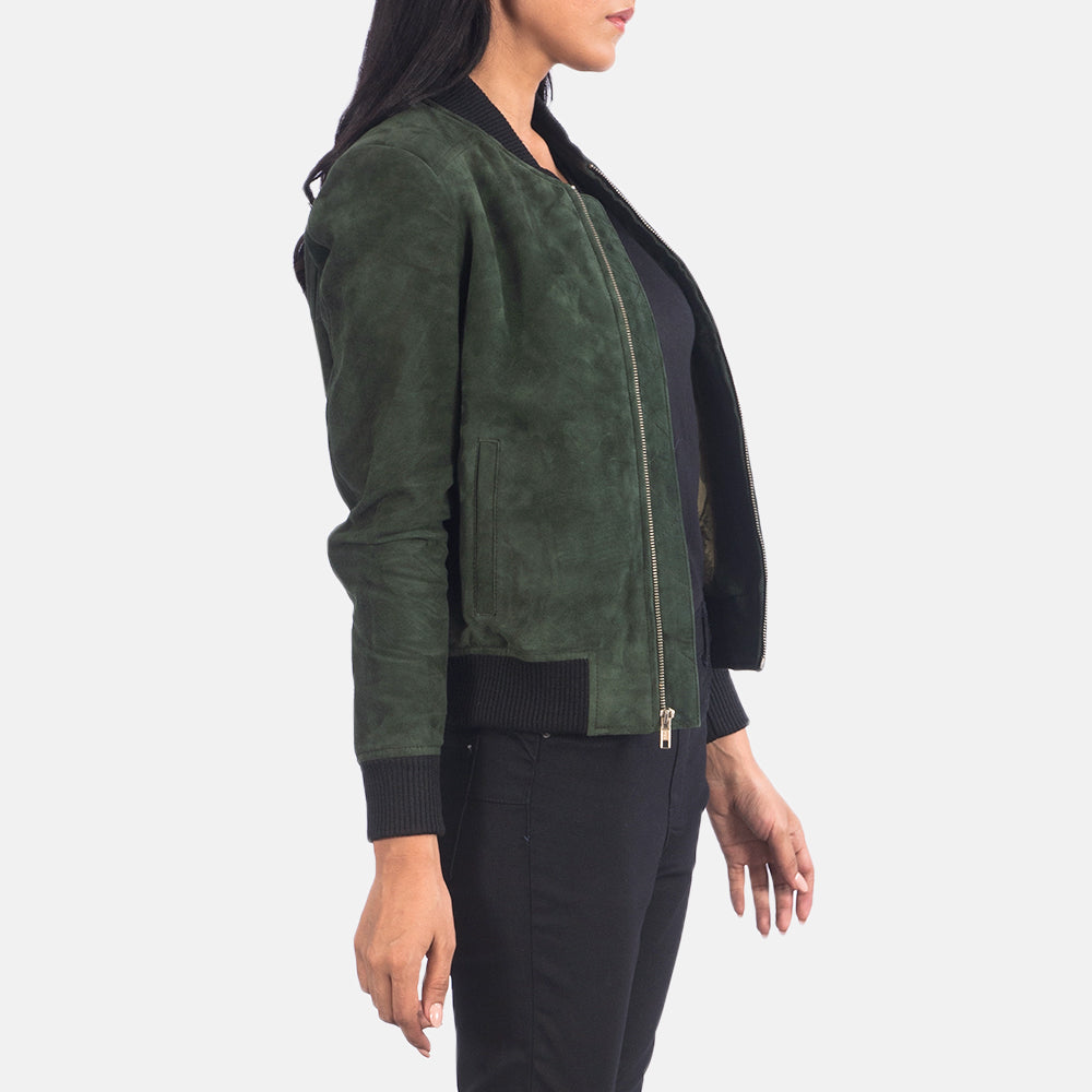 Green Suede Bomber Jacket Real Leather