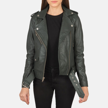 Green Real Leather Biker Jacket