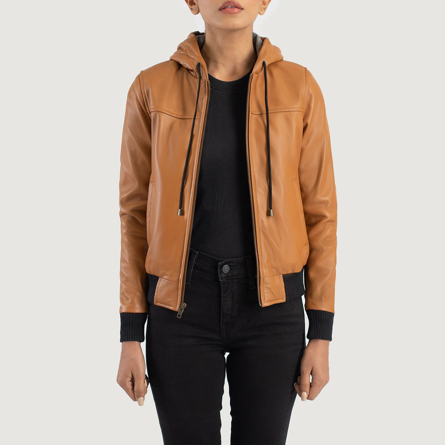 Brown Hooded Leather Bomber Jacket