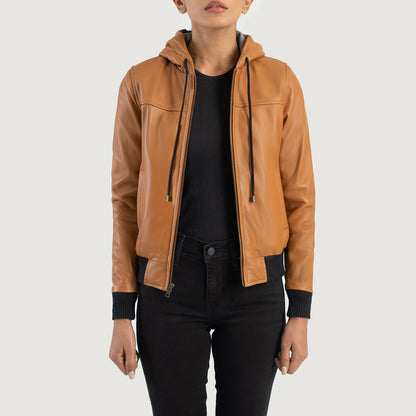 Brown Hooded Leather Bomber Jacket