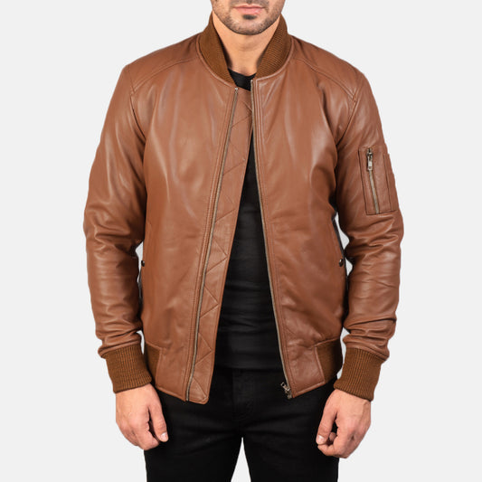 Brown real Leather Bomber Jacket