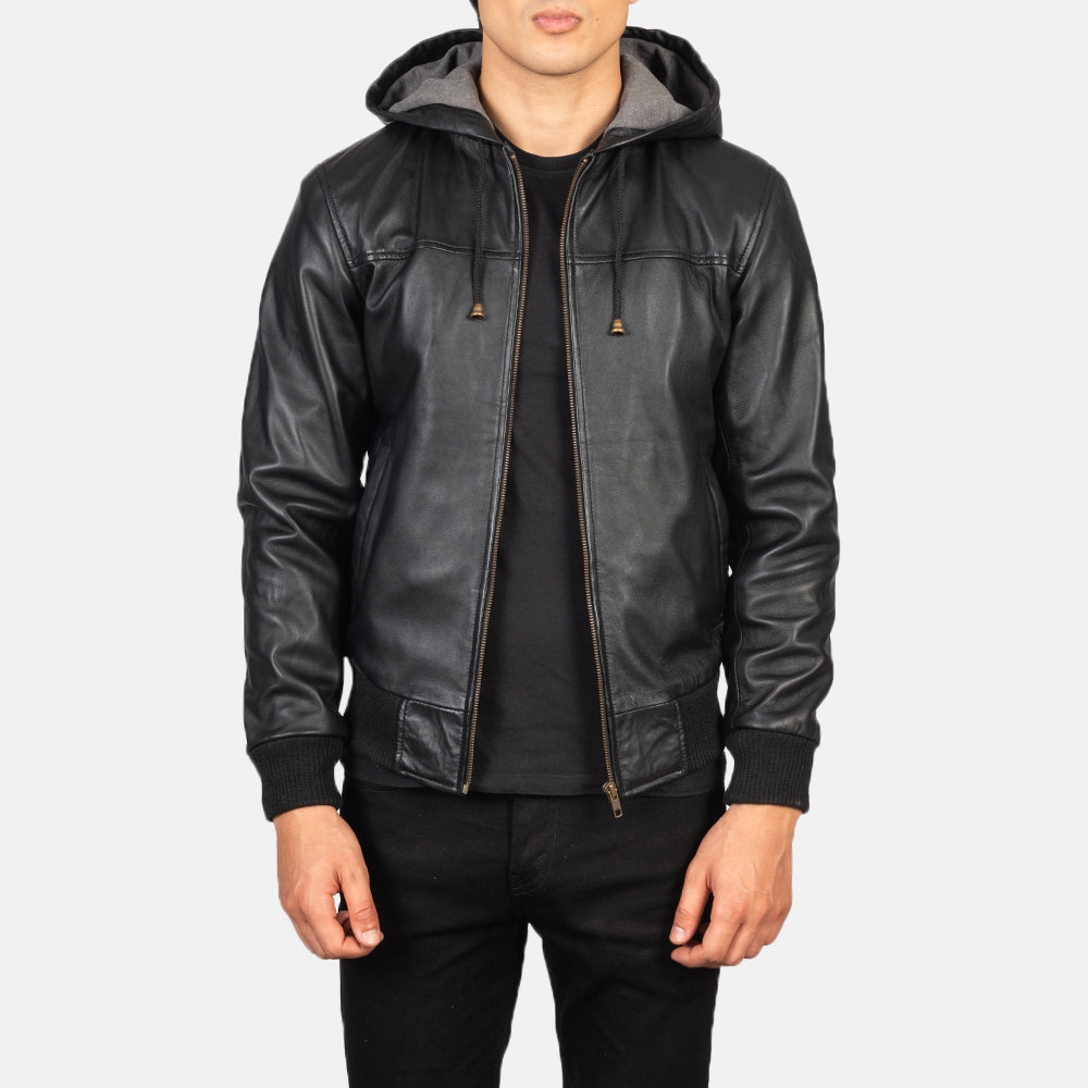 Black Hooded Real Leather Bomber Jacket