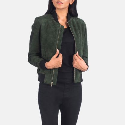 Green Suede Bomber Jacket Real Leather