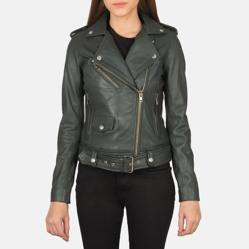 Green Real Leather Biker Jacket