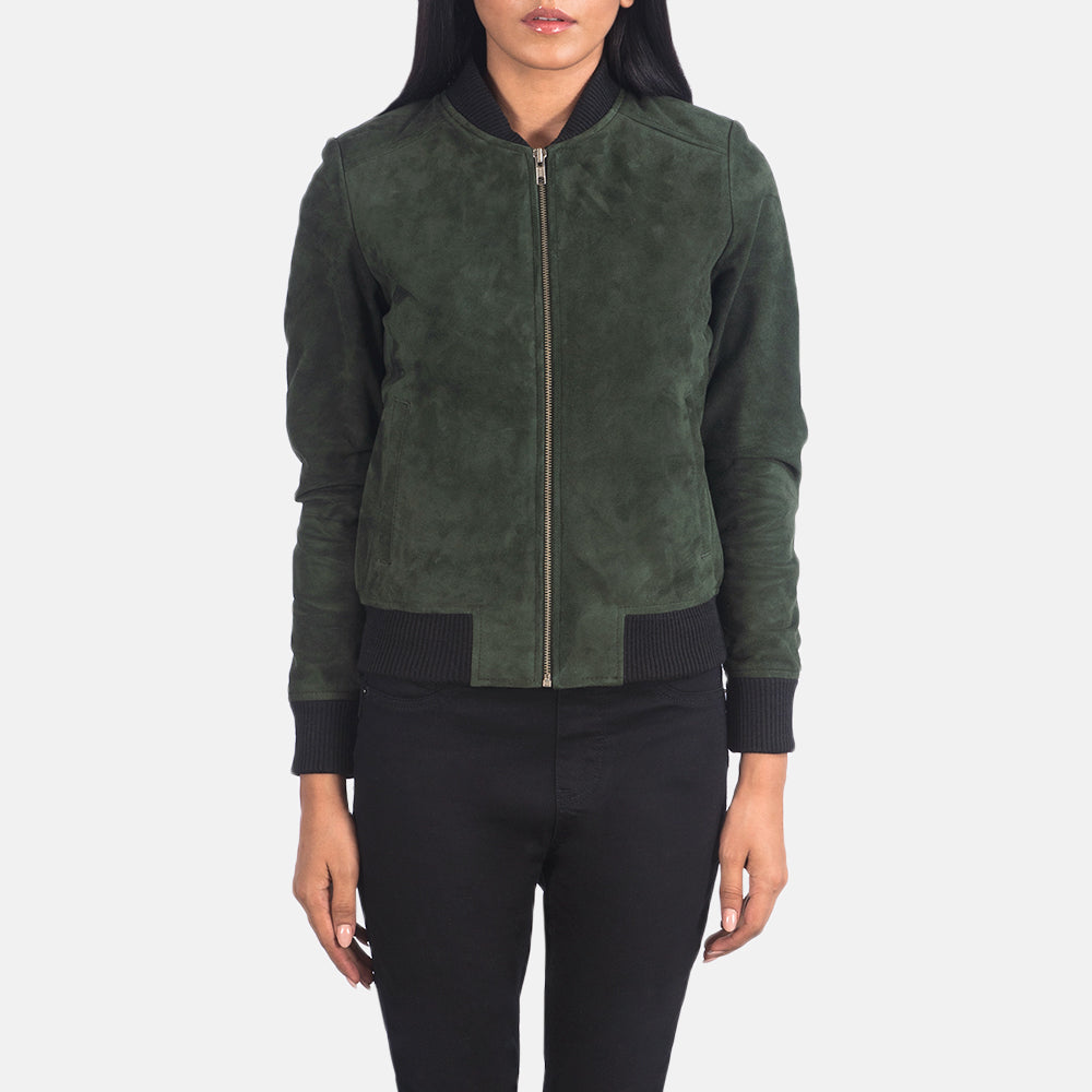 Green Suede Bomber Jacket Real Leather