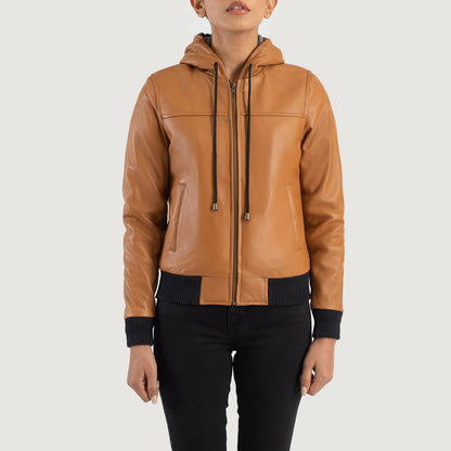 Brown Hooded Leather Bomber Jacket