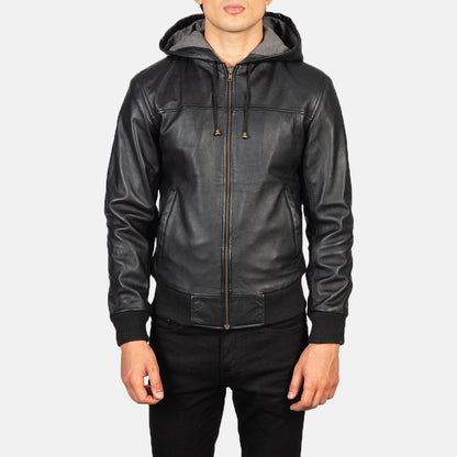 Black Hooded Real Leather Bomber Jacket