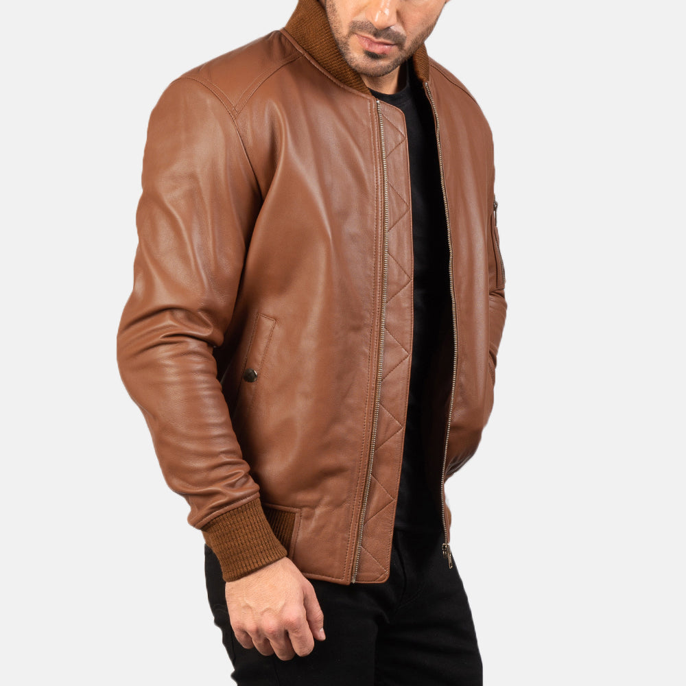 Brown real Leather Bomber Jacket