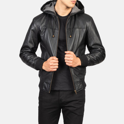 Black Hooded Real Leather Bomber Jacket