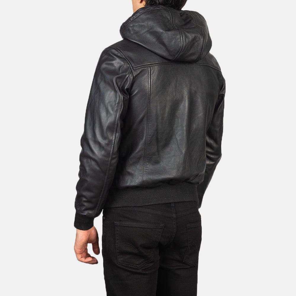 Black Hooded Real Leather Bomber Jacket