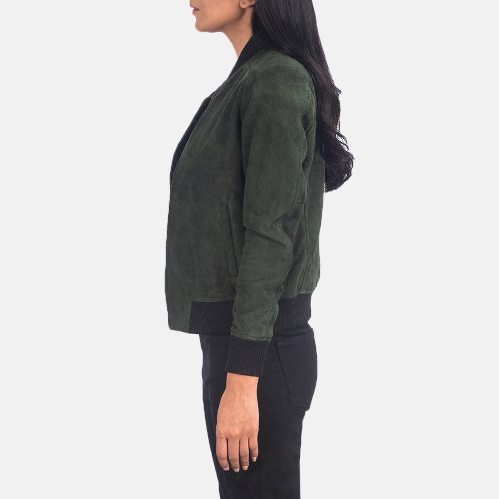 Green Suede Bomber Jacket Real Leather