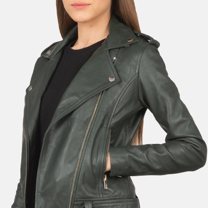 Green Real Leather Biker Jacket